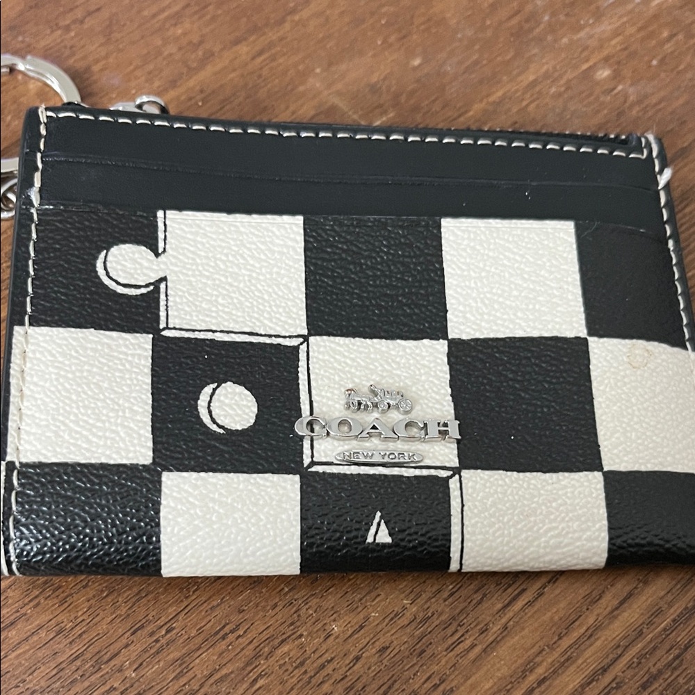 Coach Black & White Checkerboard Card Case with Keyring